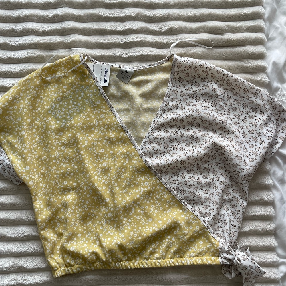 Yellow and White Floral Wrap Top
